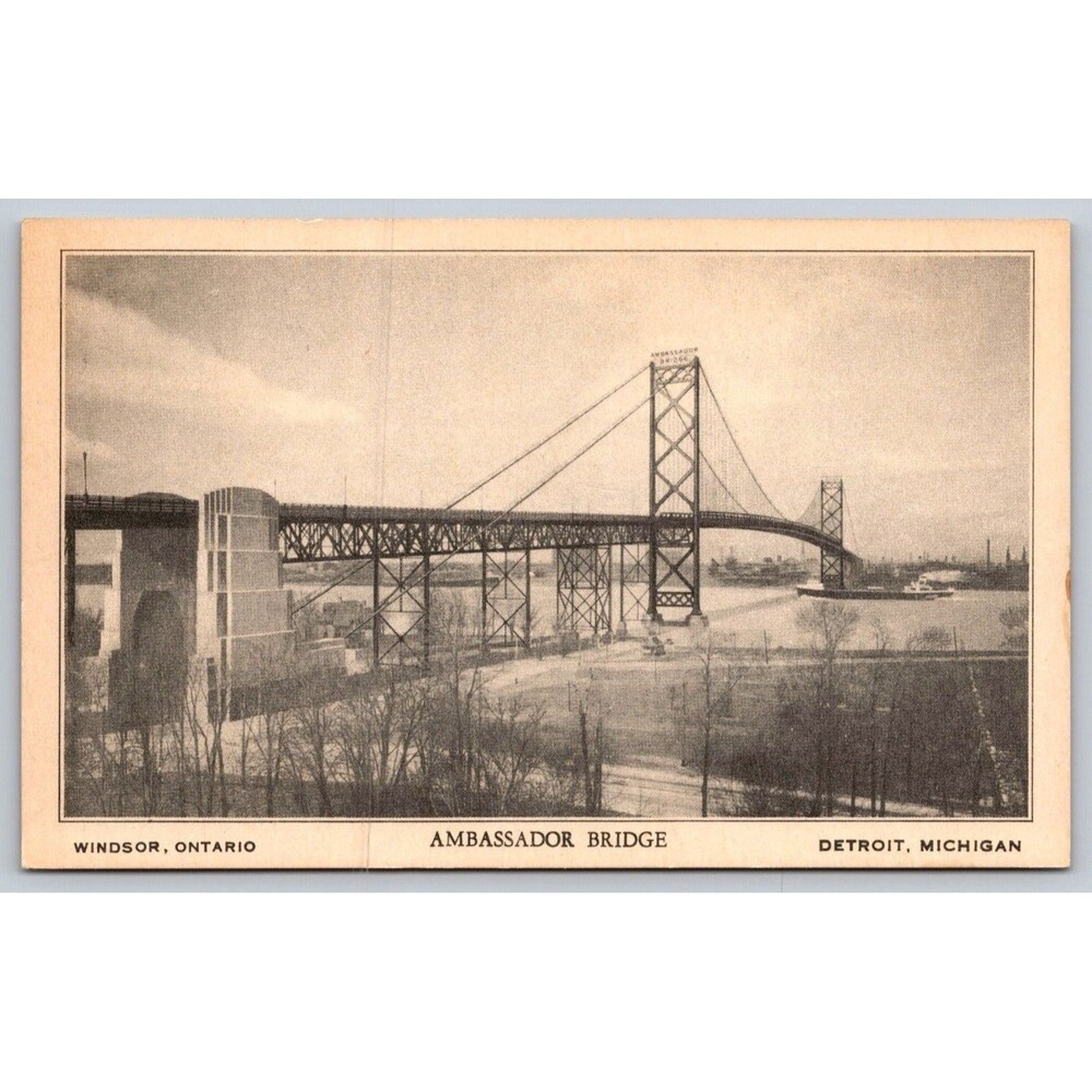 Vintage Ambassador Bridge Postcard Windsor Ontario Detroit Michigan B&W Litho